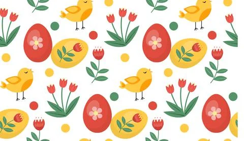 Vector seamless spring pattern with birds and plants. Easter pattern. cartoon Stock Illustration