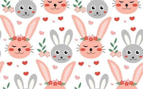 Vector seamless spring pattern with rabbits and plants. Easter pattern. cartoon Stock Illustration
