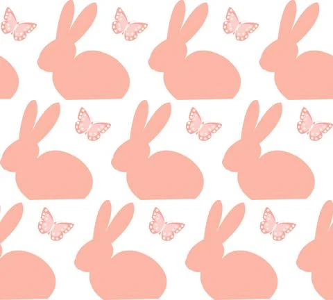 Vector seamless spring pattern with rabbits and plants. Easter pattern. cartoon Stock Illustration