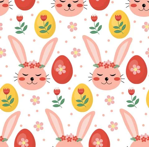 Vector seamless spring pattern with rabbits and plants. Easter pattern. cartoon Stock Illustration