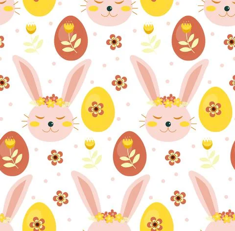 Vector seamless spring pattern with rabbits and plants. Easter pattern. cartoon Stock Illustration