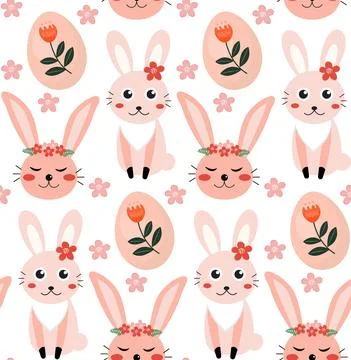 Vector seamless spring pattern with rabbits and plants. Easter pattern. cartoon 스톡 일러스트