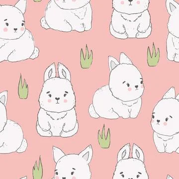 Vector seamless spring pattern with rabbits and plants. Easter pattern. cartoon Illustrazione stock