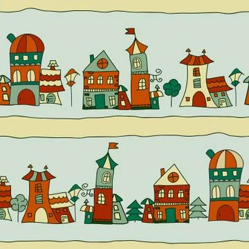Vector seamless streets with small houses Stock Illustration