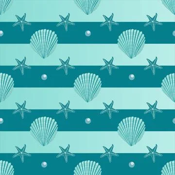Vector seamless striped sea pattern with seashells and starfish Illustrazione stock