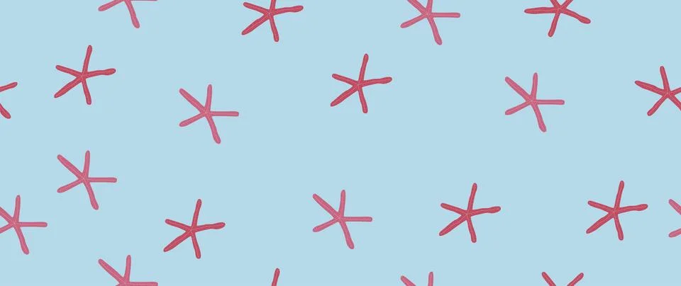 Vector seamless summer background. Pink starfish on a blue background. Summer Stock Illustration