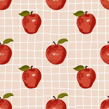 Vector seamless summer pattern with apples on retro geometry background. Stock Illustration