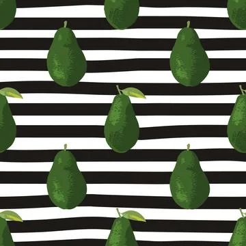 Vector seamless summer pattern with avocadoes on black and white striped back Stock Illustration