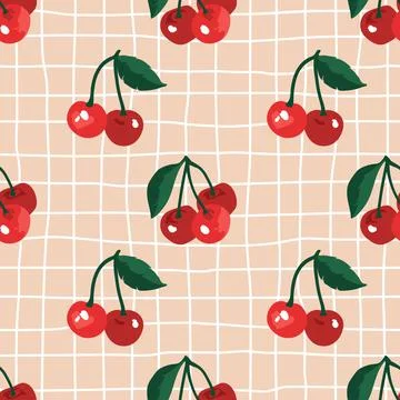 Vector seamless summer pattern with cherries on retro geometry background. Illustrazione stock