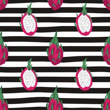 Vector seamless summer pattern with dragon fruits on black and white striped  Stock Illustration