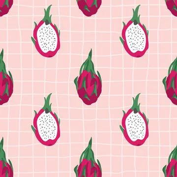 Vector seamless summer pattern with dragon fruits on retro geometry background Illustrazione stock