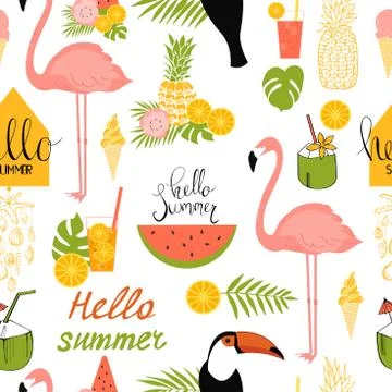 Vector seamless summer pattern  with flamingo, toucan and  tropical plants. Illustrazione stock