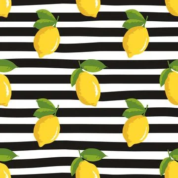 Vector seamless summer pattern with lemons on black and white striped backgro Illustrazione stock