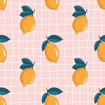Vector seamless summer pattern with lemons on retro geometry background. Stock Illustration