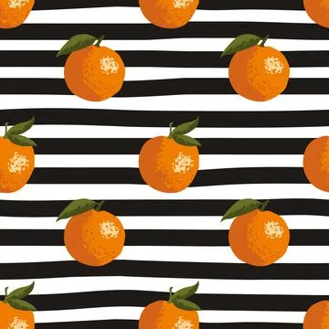 Vector seamless summer pattern with oranges on black and white striped backgr Illustrazione stock