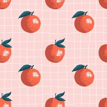 Vector seamless summer pattern with oranges on retro geometry background. Stock Illustration