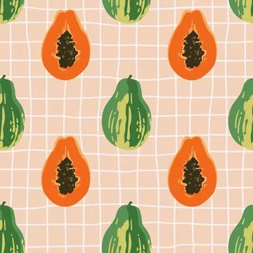 Vector seamless summer pattern with papayas on retro geometry background. Stock Illustration