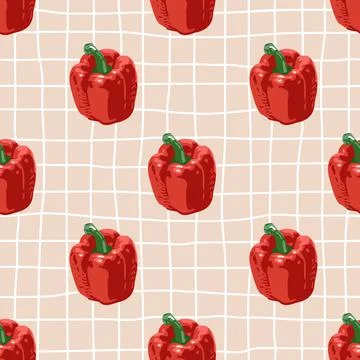 Vector seamless summer pattern with peppers on retro geometry background. 库存插图