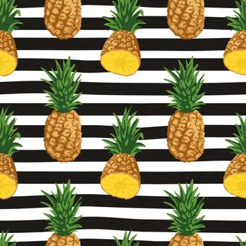 Vector seamless summer pattern with pineapples on black and white striped bac Stock Illustration