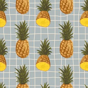 Vector seamless summer pattern with pineapples on retro geometry background. Illustrazione stock
