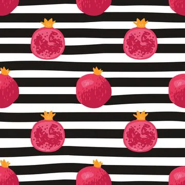 Vector seamless summer pattern with pomegranates on black and white striped b Stock Illustration