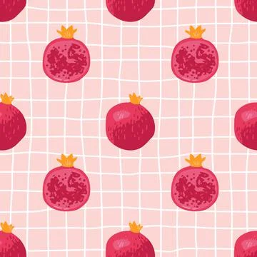 Vector seamless summer pattern with pomegranates on retro geometry background Illustrazione stock