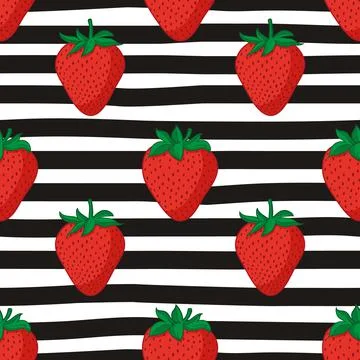 Vector seamless summer pattern with strawberries on black and white striped b Stock Illustration