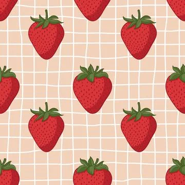 Vector seamless summer pattern with strawberries on retro geometry background Stock Illustration