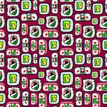Vector seamless sushi pattern on dark red. Stock Illustration