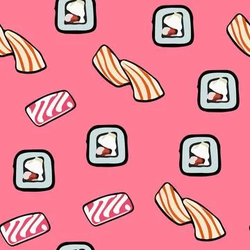 Vector seamless sushi pattern on pink. Stock Illustration