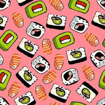 Vector seamless sushi pattern on a salmon background. Stock Illustration