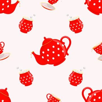 Vector seamless tea party pattern. Red service Stock Illustration