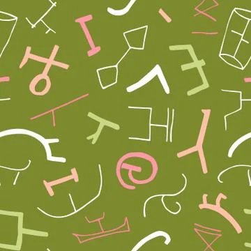Vector seamless texture with ancient elements on green background. 库存插图