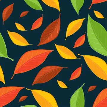 Vector seamless texture with colrful leaves on a dark-blue background Stock Illustration