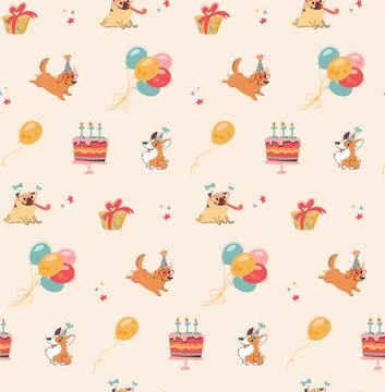 Vector seamless texture of festive attributes for a dog party. Flat background Stock Illustration