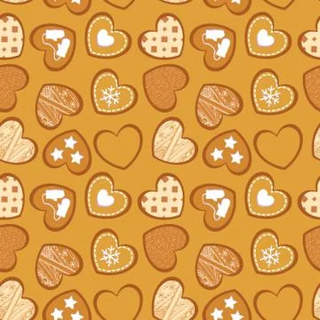 Vector seamless texture with heart-shaped ginger cookies. Stock Illustration