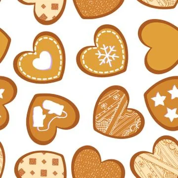 Vector seamless texture with heart-shaped ginger cookies. Stock Illustration