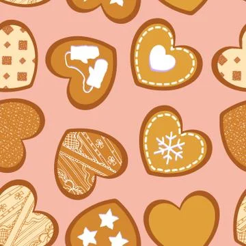 Vector seamless texture with heart-shaped ginger cookies. Stock Illustration