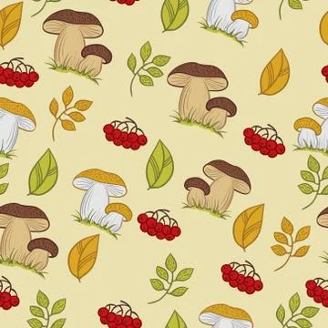 Vector seamless texture with the mushrooms, leaves and berries Illustrazione stock