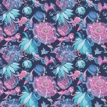 Vector Seamless Texture with Peony and Lily Flowers Stock Illustration