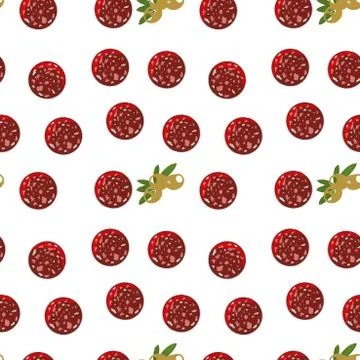Vector seamless texture with salami and olives Illustrazione stock