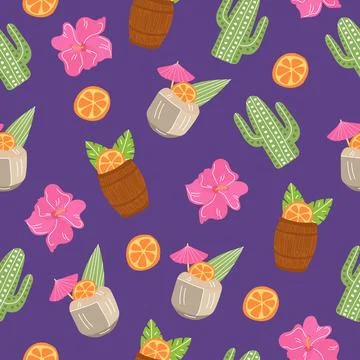 Vector seamless tiki drinks pattern on violet. Seamless pattern with cocktails Illustrazione stock