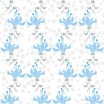 Vector Seamless Tile Pattern With Soft Blue Flowers And Grey Dots On White Stock Illustration