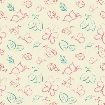 Vector seamless tiling pattern with hand drawn butterflies and ladybugs (lady Stock Illustration