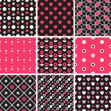 Vector seamless tiling patterns - geometric, polka dot, hearts Stock Illustration
