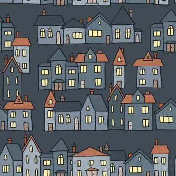 Vector seamless town - night lights textile pattern illustration. Stock Illustration