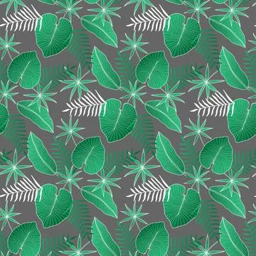 Vector seamless tropical green pattern with palm leaves, fern, banana leaves Stock Illustration