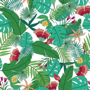 Vector seamless tropical leaves pattern, with palm leaves, monstera and flowe Stock Illustration