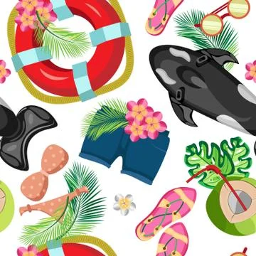 Vector seamless tropical pattern of beachwear and inflatable toys for swimming Illustrazione stock