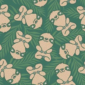 Vector seamless tropical pattern with cute sloth. Vector pattern with sloth.. Stock Illustration